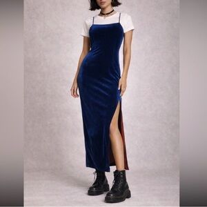 Vintage Finesse USA Blue Velvet Side Split Spaghetti Strap 90s Maxi Dress Gown M